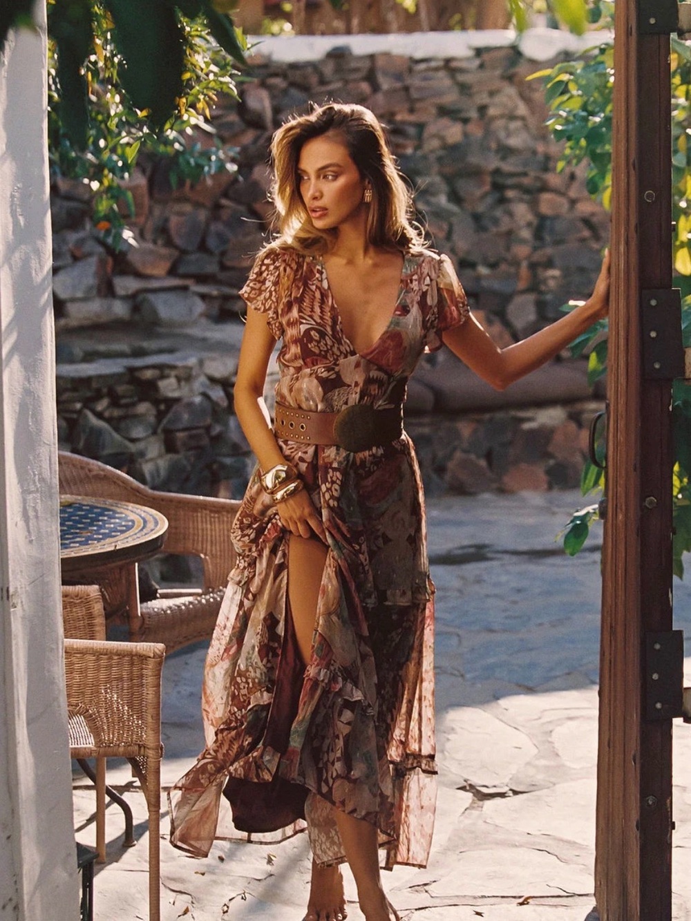12th Tribe Floral V-Neck Boho Maxi Dress in Brown and Cream